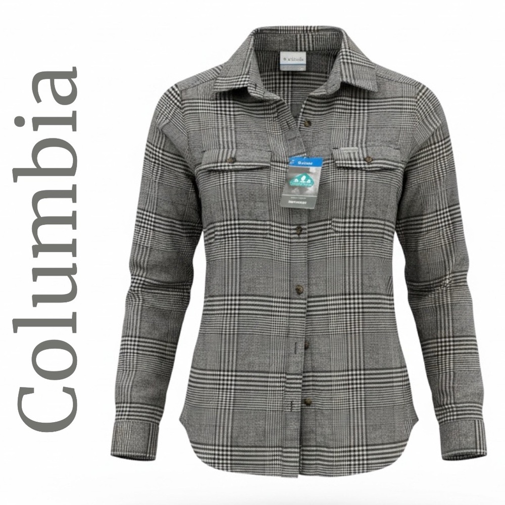 NWT Columbia Pine Street Stretch Flannel Black White Plaid Shirt Women's XS
